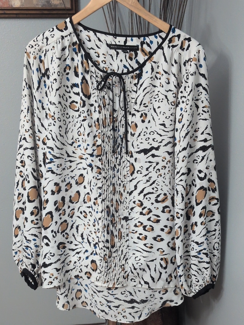 White House Black Market Cream Animal Print Pleated Tie-Neck Blouse